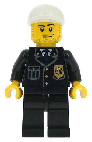 LEGO Minifigure Police - City Suit with Blue Tie and Badge, Black Legs, White Short Bill Cap, Smirk and Stubble Beard CTY0204
