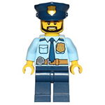 LEGO Minifigure Police - City Shirt with Dark Blue Tie and Gold Badge, Dark Tan Belt with Radio, Dark Blue Legs, Police Hat with Gold Badge, Head Beard Black Angular CTY0708